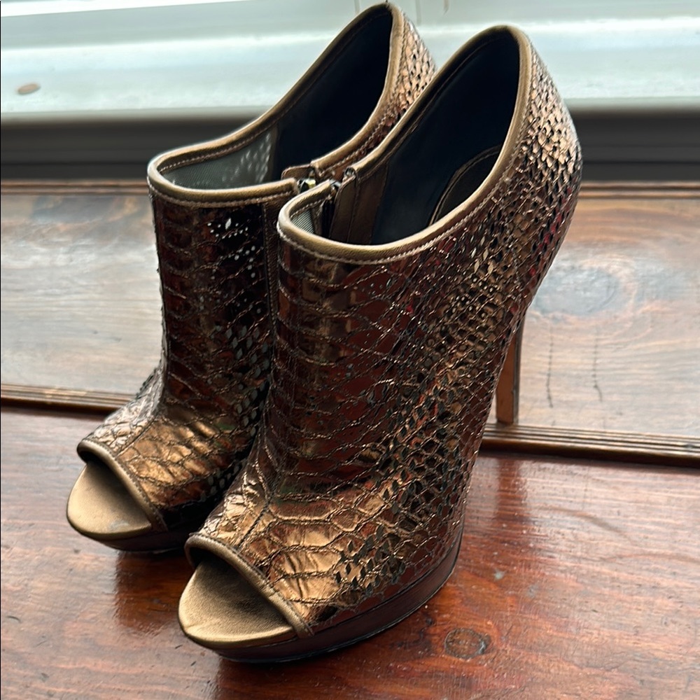 Bronze Snakeskin Peep Toe Heels